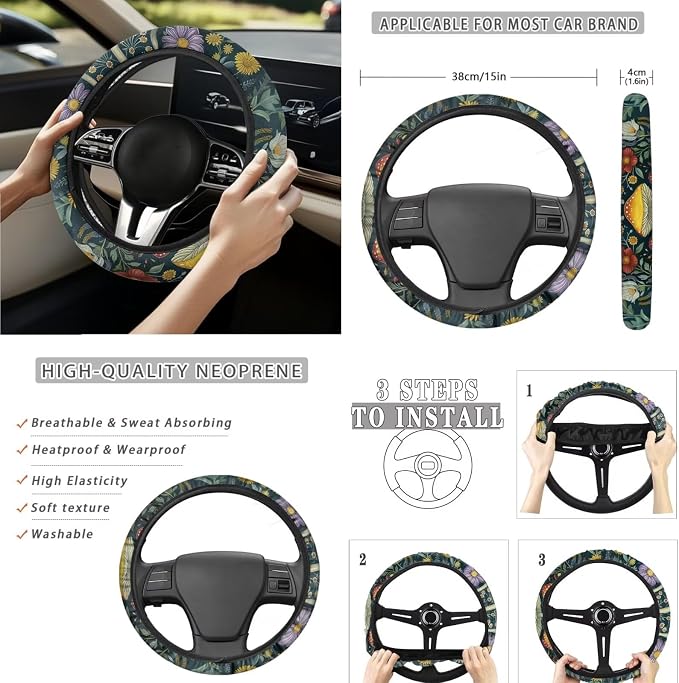 15 Pcs Forest Mushroom Auto Interior Accessories Car Seat Covers with Auto Steering Wheel Cover Seat Belt Covers Car Trash Can View Mirror Cover Coaster Keychains