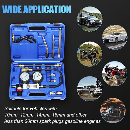 JIFETOR Cylinder Leak Down Tester Kit, Automotive Engine Compression Dual Gauge Leakdown Test Set with 10 12 14 18mm Spark Plugs Universal for Small Engine Motorcycle ATV, Blue Case