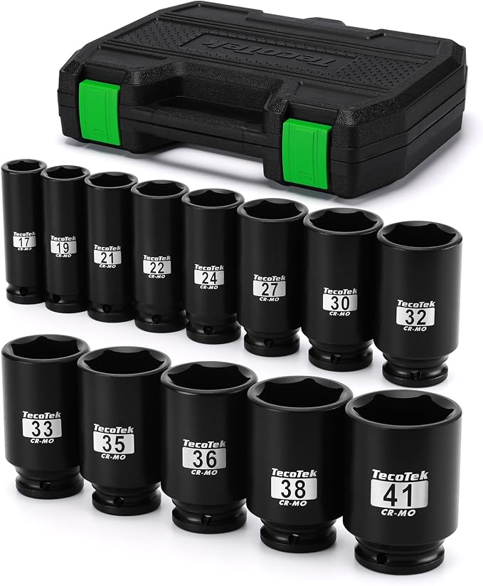 TecoTek 1/2" Drive Deep 6-Point Impact Socket Set, 13-Piece Spindle Axle Nut Impact Socket Set, Cr-Mo, Metric (17mm to 41mm), Enhanced Storage Case