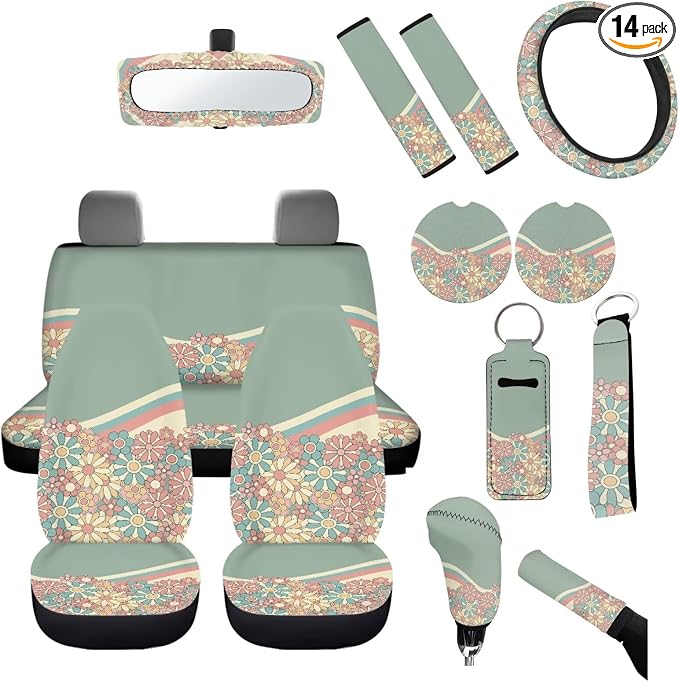 Abstract 70S 80S Green Groovy Flower Car Seat Cover Full Sets for Women,14Pack,Green Swirl Wavy Auto Seat Covers for Front Back,Coaster,Keychain,Seatbelt Pads,Auto Rear View Mirror Cover