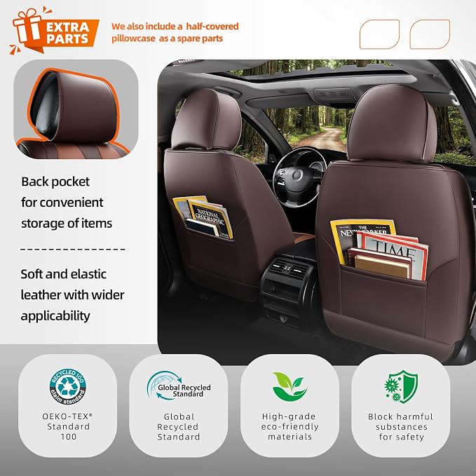 5-Seater Car Seat Covers Full Set, Fit for Front and Rear Seats of Cars, Waterproof and Breathable Nappa Leather, Compatible with Airbags, Car Seat Protector Covers for Most Cars -Coffee Brown