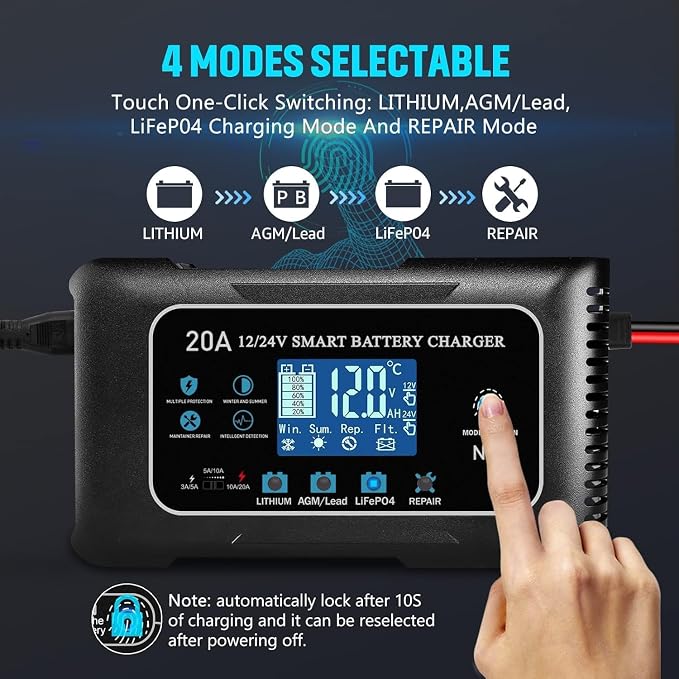 12V/24V 20 Amp Car Battery Charger,Fully Automatic Battery Maintainer,Trickle Charger w/Overcharge Protection Repair for Lithium,LiFePO4,Lead Acid, AGM, Gel, Deep Cycle Battery