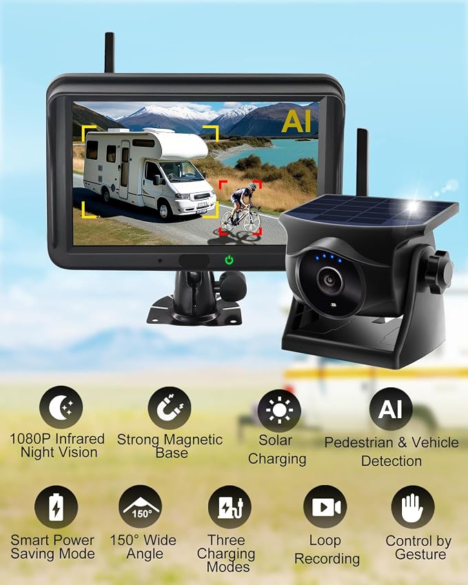 Magnetic Solar Wireless Backup Camera: AI Pedestrian & Vehicle Detection, 1-Min Install, No Wiring/Drilling, Gesture Control,Rechargeable Battery, Night Vision, 5" 1080P Monitor for RV, Trailer, Truck