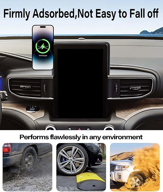 Car Phone Holder for Ford Explorer 2019-2024 Accessories Apply to 10.1 Inch Touch Screen 15W Fast Wireless Charger Screen Fixed Clip Cell Phone Mount with Dashboard Storage Tray