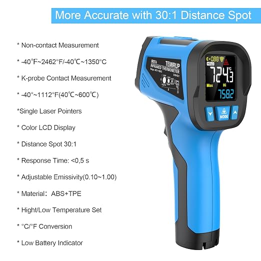 -40℉ to 2462℉, TEMIRUP Infrared Thermometer High Temperature Gun, Non-Contact Digital IR Laser Thermometer with Probe, 30:1 Pyrometer with Color LCD for Cooking, Kiln, Forging, HVAC & Industrial