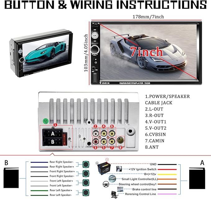 Double Din Car Stereo 7" Touch Screen 2 Din Car Radio with Bluetooth FM, MP5 Player with USB/SD/AUX Input 2 Din Autoradio with Mirror Link SWC,Portable Media Players +Backup Camera