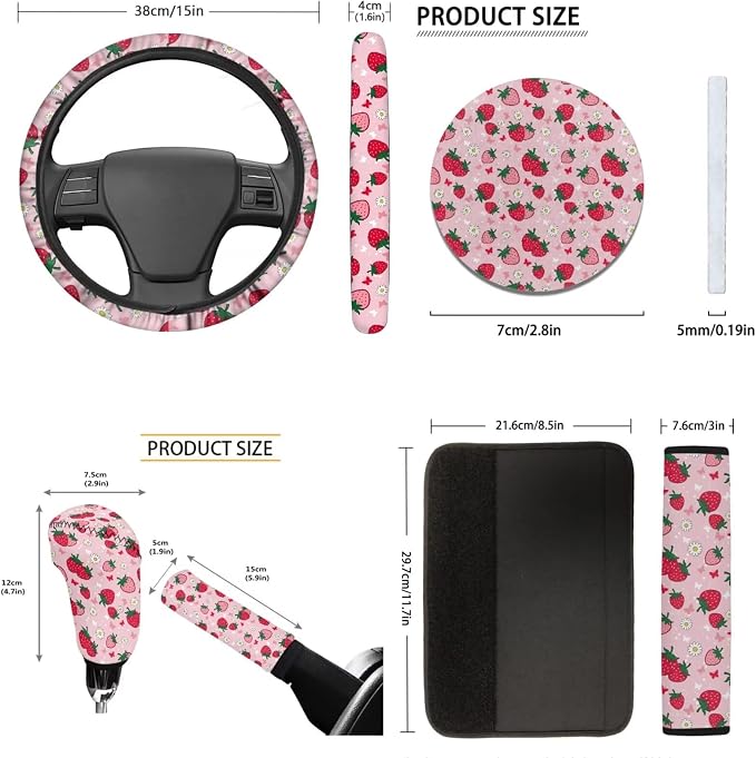 Tupalatus 9 Pcs Strawberry Floral Car Seat Covers 2 Front Seats with Steering Wheel Cover Auto Seat Belt Cover Coasters Gear Shift Cover Hand Brake Cover Washable Easy to Install Car Accessories