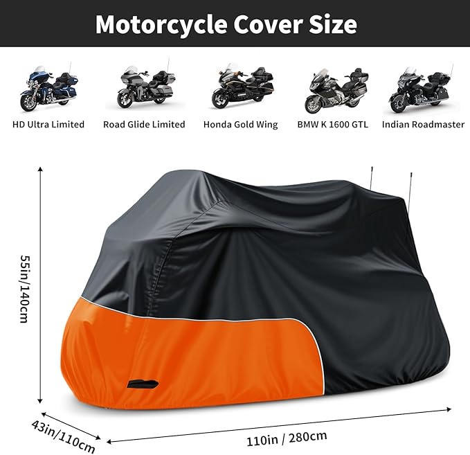 Motorcycle Cover Heavy Duty Waterproof, for Motorcycle with Side+Top Box, Compatible with Harley Davidson Ultra Ltd, Road Glide Ltd, Honda Goldwing, BMW, Indian Motorcycle Accessories, Black/Orange