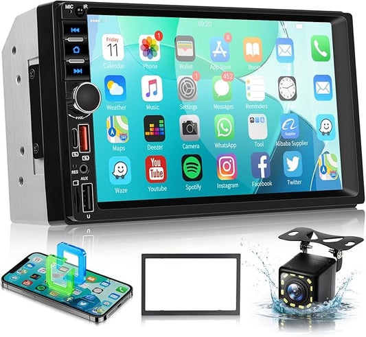 7 Inch Double Din Car Stereo, Touch Screen Bluetooth Car Radio Support Mirrorlink FM Radio EQ Fast Charging, Sellrich 2 Din Head Unit with USB/Type-C/TF Card/Aux Ports Backup Camera+Frame