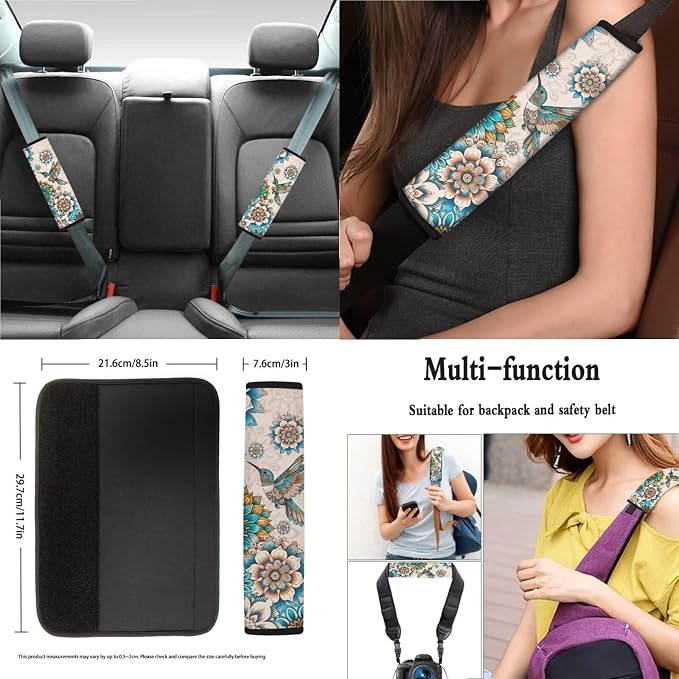 Boho Mandala Hummingbird Pattern 13 Pieces Car Accessories Interior Set, Non Slip Car Front and Rear Seat Cover, Steering Wheel Cover, Seat Belt Cover Pad Coasters, Gift for Friend and Family