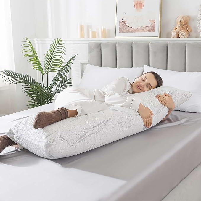 WhatsBedding Memory Foam Body Pillow for Adults with Zipperd Rayon Derived from Bamboo Cover, Breathable Long Pillow for Side Sleeper, Shredded Memory Foam Stuffing, Grey Leaf