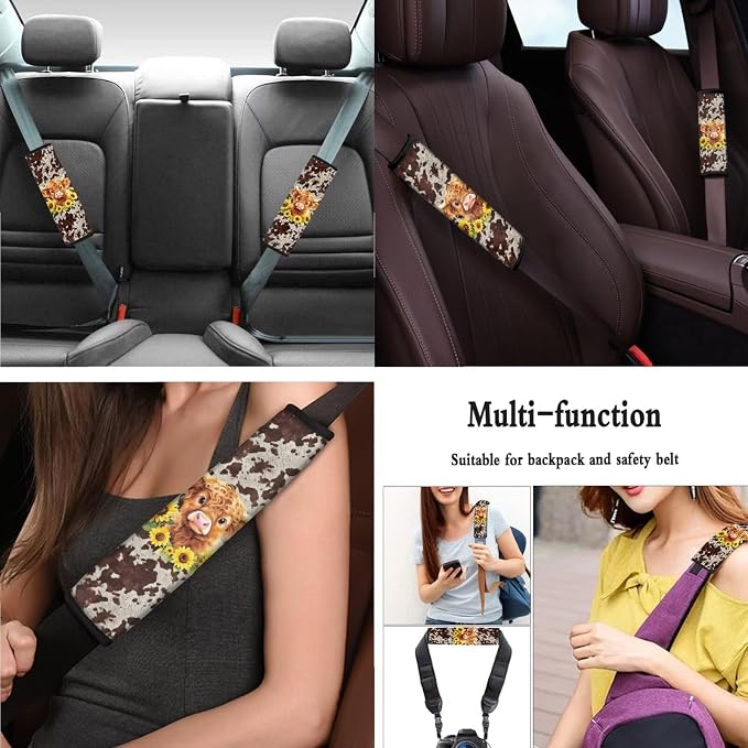 Sunflower Printed Car Seat Cover Full Set with Steering Whell Cover Seatbelt Cover Highland Cow Print Auto Seat Protector Universal Auto Interior Accessories, Brown