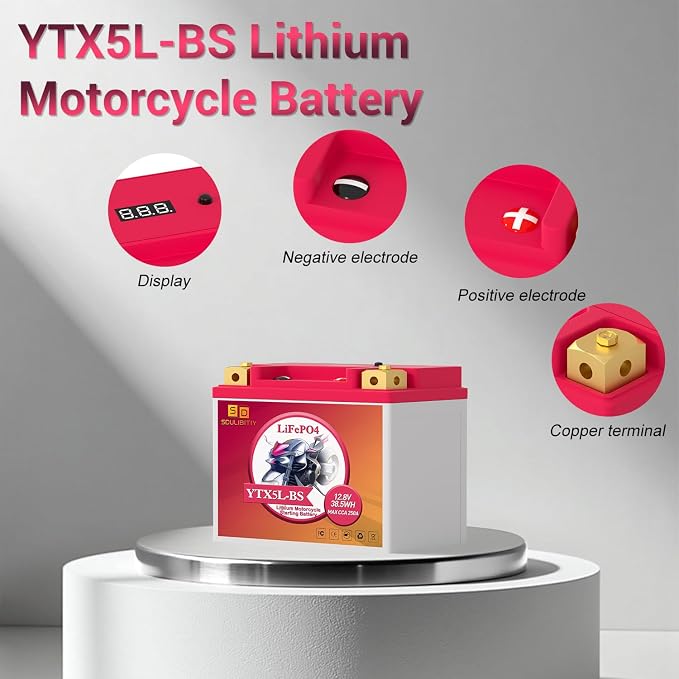 YTX5L-BS Lithium Motorcycle Battery LiFePO4 Powersport 12.8V 3Ah 250CCA Replacement Motorcycle, ATV, UTV, Scooter, 4 Wheeler