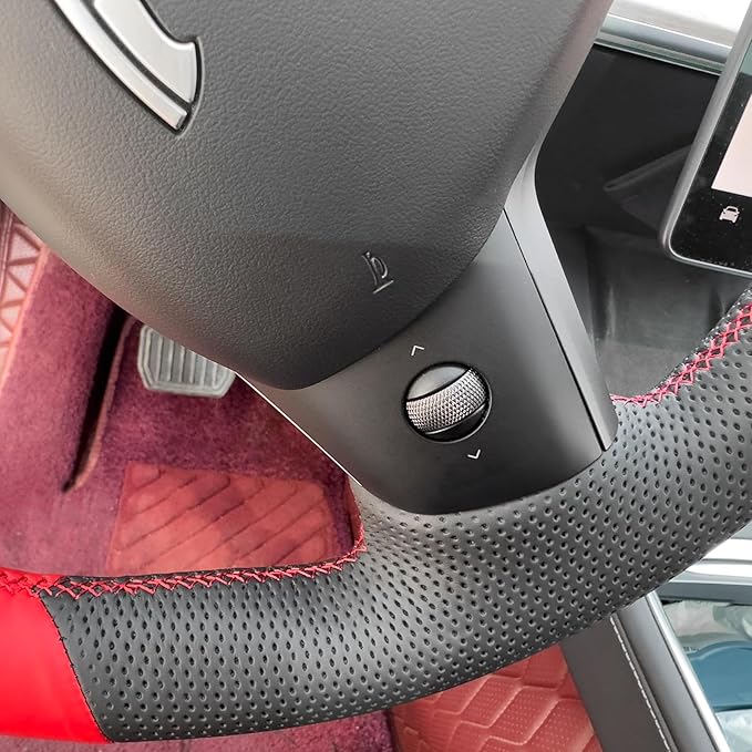 MEWANT Hand Stitch Black Red Faux Leather Steering Wheel Cover Wrap for Model Y 2020-2023 Tesla Model 3 2017-2023