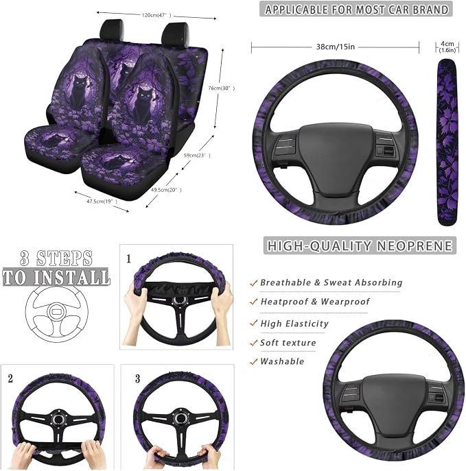 Suobstales Cat Bat Maple Leaves Print Car Seat Covers Haloween Decor Steering Wheel Cover Full Set/Seat Belt Cover/Auto Trash Can/Rearview Mirror Cover/Coasters/Keyrings Car Accessories 13 Pack