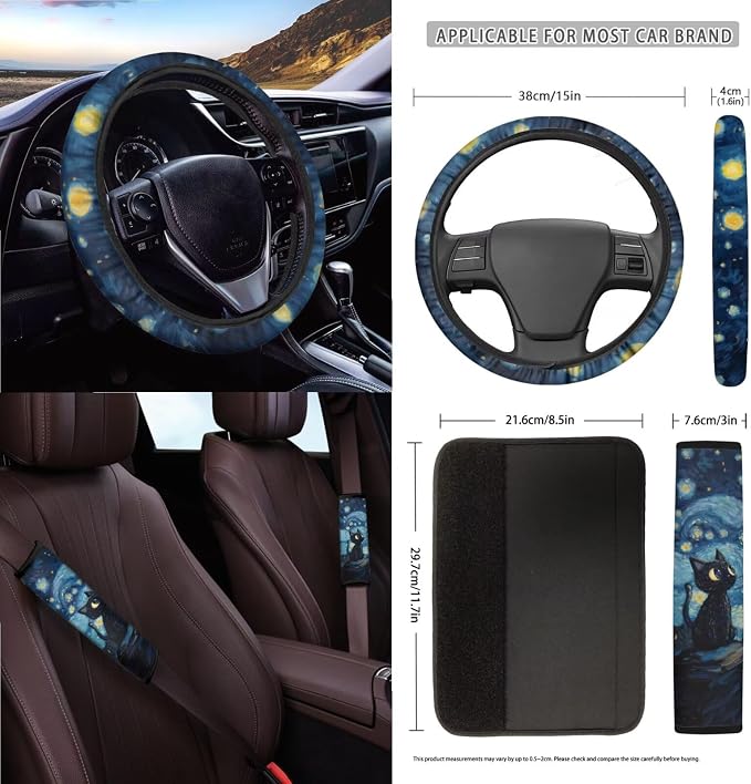 Starry Cat Print 15Pcs Car Interior Cover Set Includes Car Front Rear Seat Covers Steering Wheel Cover Seatbelt Pads Inside Rearview Mirror Protector Garbage Bag Cup Coasters