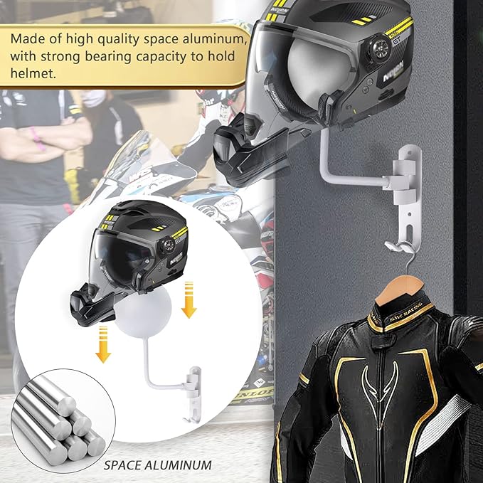 Kikerike Motorcycle Helmet Holder Wall Mount 180 Degree Rotation Metal Bike Helmet Rack Mount Bicycle Helmet Display Stand Hanger with 2 Hooks for Motorcycle Bike Baseball Rugby Helmet - White, 2 Pcs