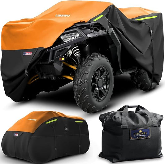 600D ATV Cover Waterproof Heavy Duty Trailerable 4 Wheeler Cover Quad Cover All Season Weather Proof Outdoor UV Protection for Polaris Kawasaki Yamaha Suzuki Can-Am Black/Orange-L