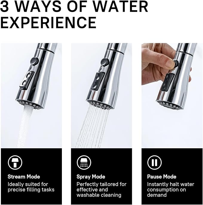 WEWE Sink Faucet, Pull Down Kitchen Faucet with Sprayer Low Lead Commercial Modern Stainless Steel rv Farmhouse Kitchen Faucet Single Handle 1 or 3 Hole Kitchen Sink Faucet, Polished Chrome