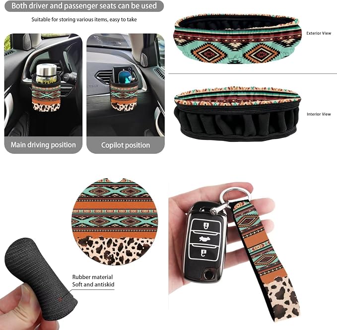 XYZCANDO Tribal Auto Interior Sets 15 PCS Car Seat Cover Set Steering Wheel Cover Seat Car Rear View Mirror Cover Belt Pads Cover Garbage Bag Storage Box Coasters Keychain for Sedans Van SUV