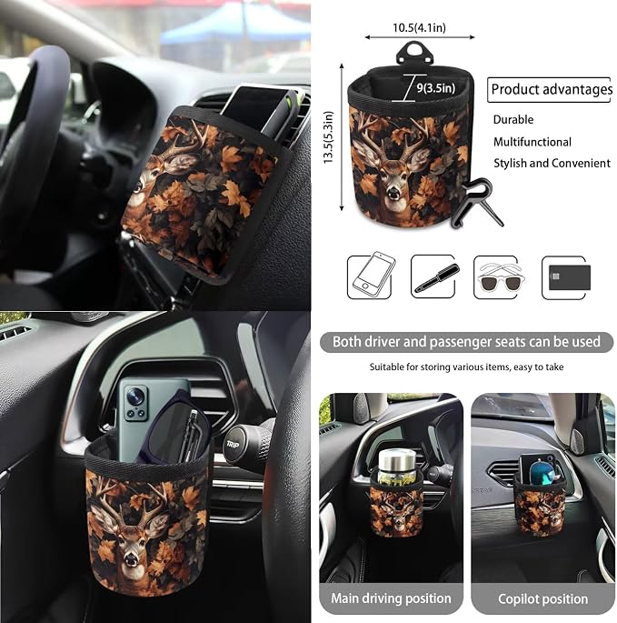 Deer Hunting Camo Print Auto Interior Sets Full Car Front Rear Seat Covers Steering Wheel Cover Seat Belt Covers Coasters Trash Can Keychain Air Vent Storage Bag 15pcs Set