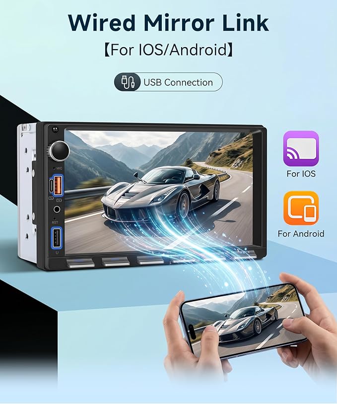 Double Din Car Radio Stereo, 7 inch Touch Screen Radio for Car Stereo Receivers, 2 Din Bluetooth Radio, Backup Camera, SWC, Mirror Link, Support FM/EQ/AUX, Type-C & USB Charging