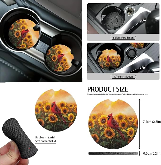 Cardinal Sunflower Pattern Car Accessories Set of 15, Full Set Seat Covers for Cars Steering Wheel Cover Seat Belt Cushion Car Trash Can Air Vent Storage Bag Cup Coasters Universal Fit