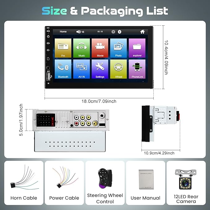 Single Din Touch Screen Car Radio with Bluetooth, 7 Inch HD LCD Screen Car Radio 1 Din with Mirror Link EQ FM Radio SWC, Car MP5 Player 1 Din Support USB/U Disk/SD Card/Type-C Charging + Camera