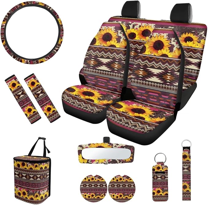 Boho Sunflower 12 Pack Car Seat Covers Sets Car Steering Wheel Cover Car Seat Belt Cover Car Trash Can Car Rear View Mirror Cover Car Cup Coasters Keychain Holder Keychains
