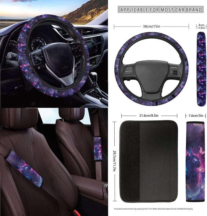 Cat Galaxy Butterfly Pattern Car Seat Covers Full Set Steering Wheel Cover Trash Can Air Vent Storage Bag Seatbelt Covers Rearview Mirror Cover Cup Coasters 15pcs Car Interior
