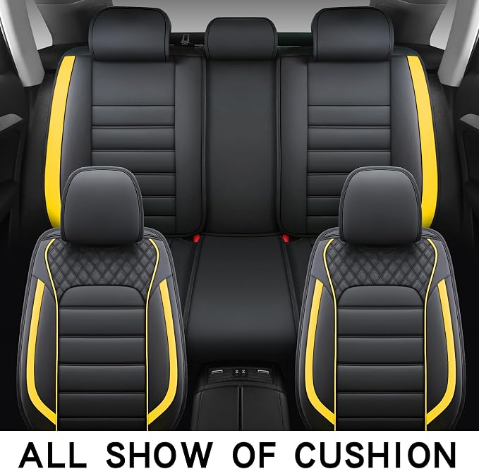 Quiln-03 Leather Seat Cover 5 Seat Full, Universal Suitable for Most Cars, SUVs, Pickup Trucks, Airbag Compatible Car Seat Cushion Covers (Black&Yellow)