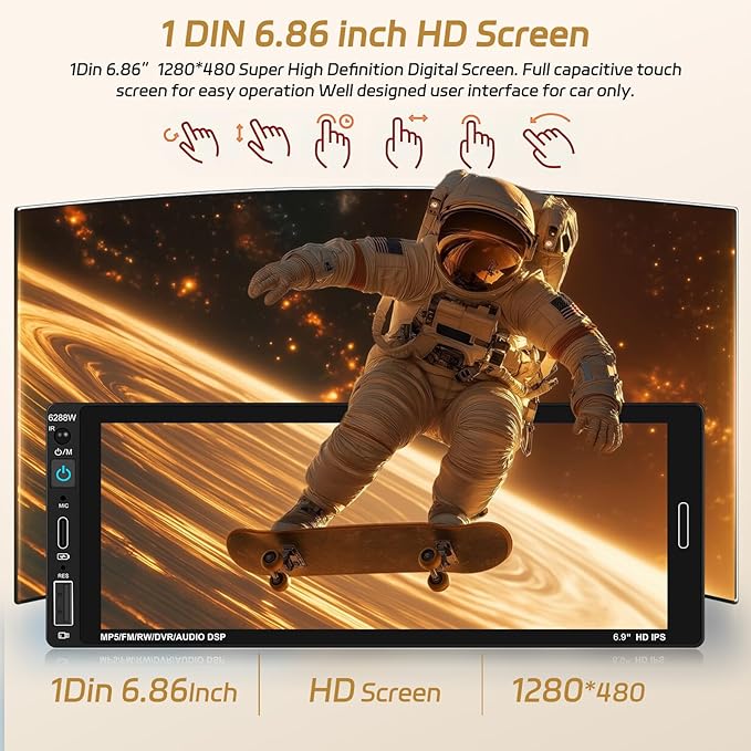 6.86 Inch Wireless CarPlay Car Stereo, Touch Screen Android Auto Radio with Mirror Link, Single Din Bluetooth 5.0 Audio Receiver with FM/RDS, EQ, Power-Off Memory,TF/USB/SWC + Rear View