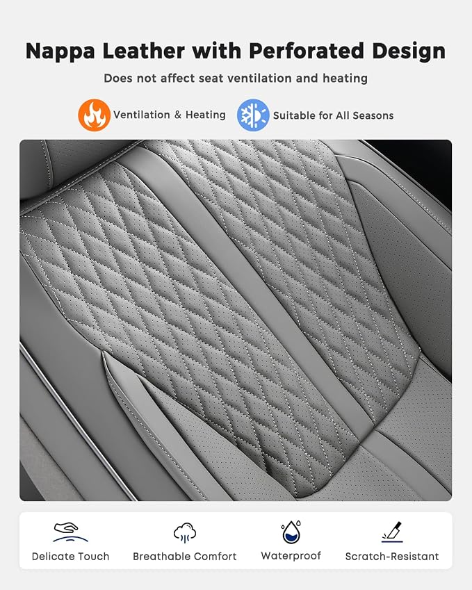 Huidasource Gray Seat Covers, Luxury Nappa Leather Car Seat Cover with Velcro Adjustable, Airbag, Lumbar Support, Cooling ＆ Heating, Seat Covers for Universal Fit for Most Cars SUV Trucks, Gray
