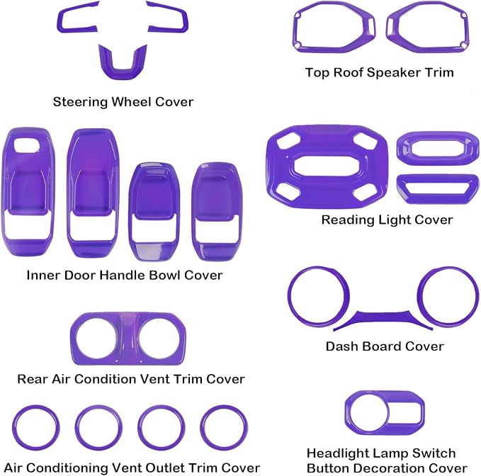 CheroCar 21PCS Full Set Interior Decoration Trim Kit for 2018-2026 Jeep Wrangler JL JLU & Gladiator JT Steering Button Frame, Air Conditioning Vent, Reading Light,Speaker (Purple)