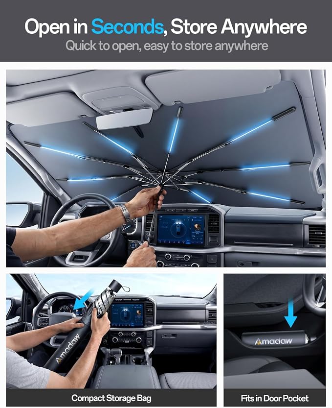 Windshield Sun Shade for Nissan Pathfinder 2000–2026, Foldable Umbrella Sunshade with 100% UV Block, Multi-Layer Heat Insulation, Reinforced 10-Rib Frame, Keeps Car Cooler Summer Car Accessory