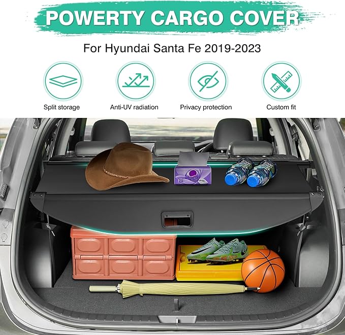 Powerty Cargo Cover for Hyundai Santa Fe 2019 2020 2021 2022 2023 Accessories Trunk Cover Rear Trunk Shade Retractable Trunk Shield Shade Tonneau Security Cover Black 5 Seats