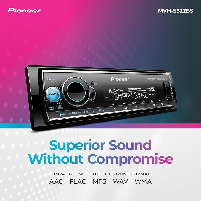 Pioneer MVH-S522BS 1-Din Digital Media Receiver – Bluetooth, SiriusXM, Color Change, USB, FLAC, Voice Control, 50W x 4 Output, 13-Band EQ, AM/FM Radio, iPhone/Android Compatible, Hi-Volt RCA Preouts