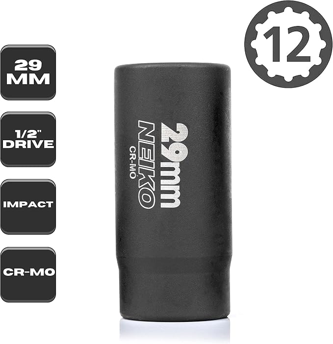NEIKO 02521A 29mm Socket | 1/2” Drive Deep Impact Socket | Spindle & Axle Nut Socket | 12 Point |Chrome Molybdenum Cr-Mo |Deep Well Hub | Triple Square | Axle Shaft Nut Remover