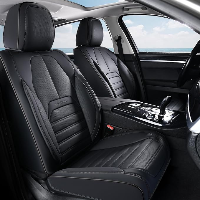 Coverado Seat Covers, Car Seat Covers Front Seats, Automotive Seat Covers, Waterproof Nappa Leather Car Seat Cover, Car Seat Cushion, Black Seat Covers Carseat Cover Universal Fit for Most Cars
