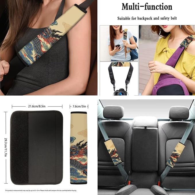 AFPANQZ Retro Dragon 11 Pcs Car Seat Cover of Front Rear Full Set Car Accessories Include Hand Brake and Gear Shift Knob Cover, Seat Belt Pads, Steering Wheel Cover for Womens