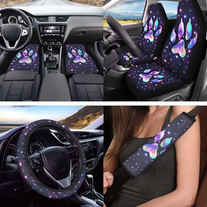 18 Pcs Car Accessories Set for Women, Colorful Stars Dog Paw Print Design, Car Seat Covers with Steering Wheel Cover Floor Mats Seat Belt Pads Armrest Pad Handle Gloves Coasters Keychains