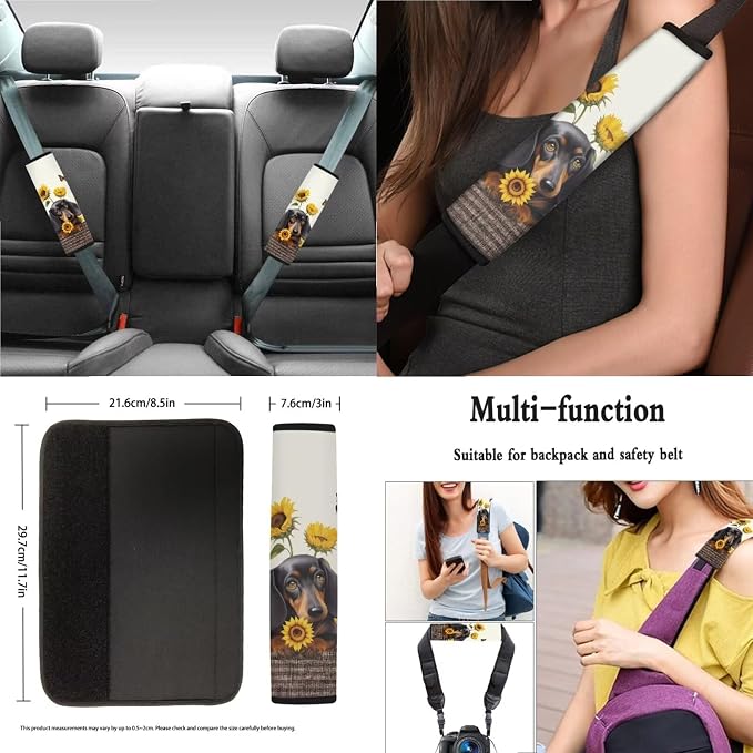 Dachshund Sunflower Butterfly Pattern Car Accessories Pack of 13, Front and Rear Seat Covers Full Set, 1 Steering Wheel Cover 4 Safe Belt Covers 4 Coasters Universal Fit for Auto SUV Truck