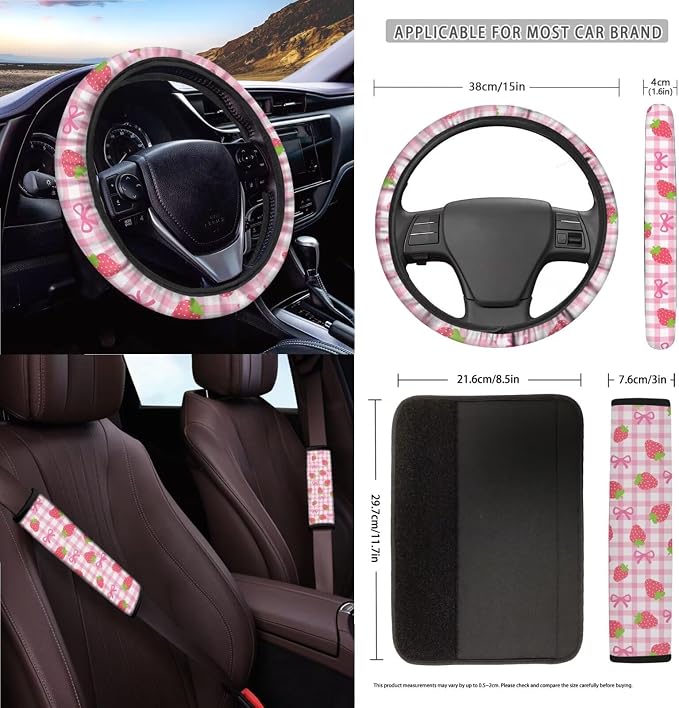 Strawberry Bowknot Print 18Pcs Automotive Seat Covers & Accessories Full Set High Back Bucket Seat Covers for Car Front and Back Seats with Steering Wheel Cover Safety Belt Pads etc