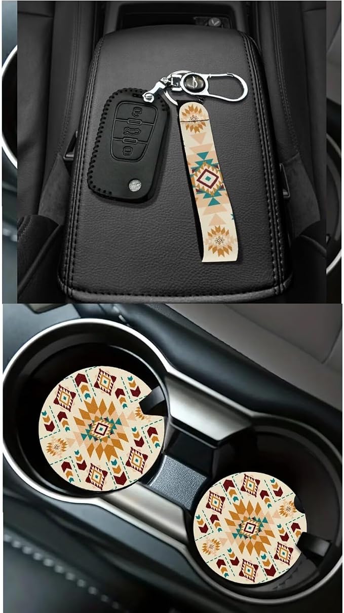 XYZCANDO Ethnic Prints Auto Interior 15 PCS Full Set Car Seat Cover Set Steering Wheel Cover Seat Garbage Bag Storage Box Belt Pads Cover Car Rear View Mirror Cover Coasters Keychain Fit Most Cars