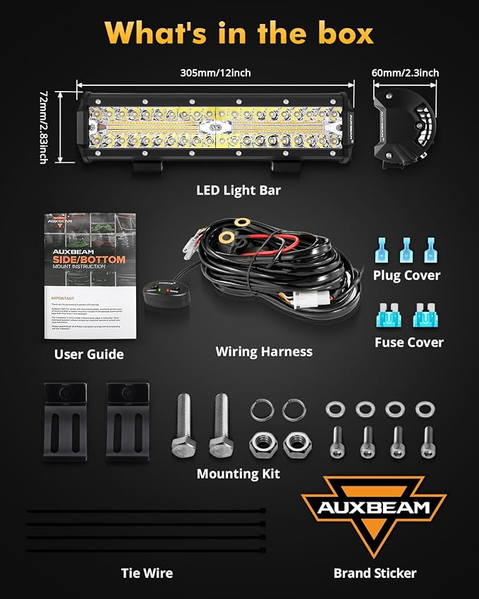 Auxbeam 6 Modes Amber White Series 12-Inch 300W LED Light Bar for Trucks | 6 modes with memory function, Dual-color offroad strobe light, Spot flood combo, Flashing auxiliary fog lamp