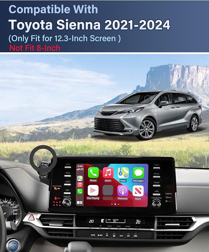 PZK Car Phone Mount for Toyota Sienna 2021-2024 XLE/XSE/Limited/Platinum Accessories 12.3-Inch Screen Fixed Clip Compatible with MagSafe Car Phone Holder with Sunglasses Storage Box 360° Rotation