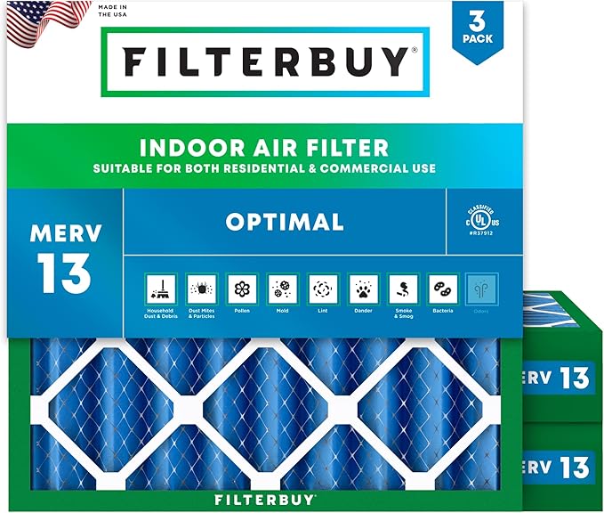 Filterbuy 20x20x4 Air Filter MERV 13 Optimal Smoke & Allergy Defense (3-Pack), Electrostatic Pleated HVAC AC Furnace Filters Replacement (Actual Size: 19.50 x 19.50 x 3.63)