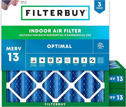 Filterbuy 24x24x4 Air Filter MERV 13 Optimal Smoke & Allergy Defense (3-Pack), Electrostatic Pleated HVAC AC Furnace Filters Replacement (Actual Size: 23.38 x 23.38 x 3.63)