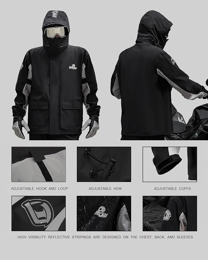 IRON JIA'S Rain Suit, Motorcycle Rain Gear for Men & Women, Waterproof Jacket and Pants, Breathable Reflective Raincoat for Farm Fishing Golf (Black L)