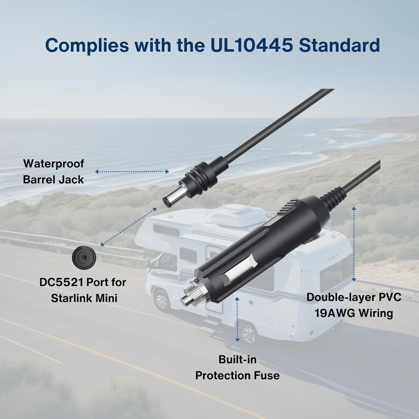 DC to Car Charger Power Cable for Starlink Mini 2M/6.5FT, 100W 20V/5A Output, Support 12~48V Cigarette Lighter, 19AWG Cord, Waterproof Barrel Jack for Outdoor Use, Car, RV, Truck, Boat